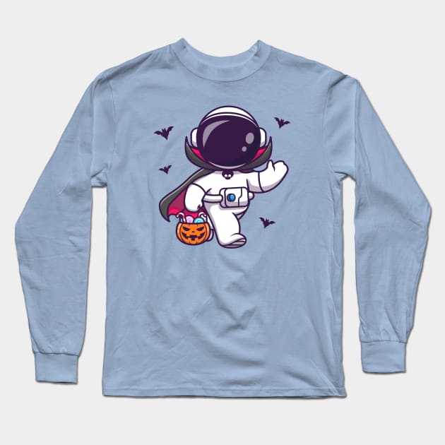 Cute Astronaut Dracula Holding Pumpkin Basket Candy  Cartoon Long Sleeve T-Shirt by Catalyst Labs